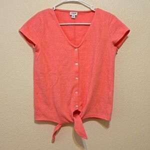 J. Crew Factory Womans  xs Textured Short Sleeve V Neck Tie Button Front Blouse
